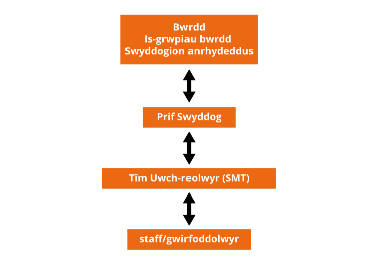 Diagram yn dangos y berthynas rhwng y Bwrdd, y Prif Swyddog, yr Uwch Dîm Rheoli (SMT), a Staff/Gwirfoddolwyr, gan ddarlunio sut mae cyfrifoldebau llywodraethu, rheoli a gweithredol yn cysylltu o fewn mudiad.