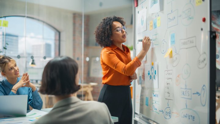 Woman drawing at a whiteboard in a meeting